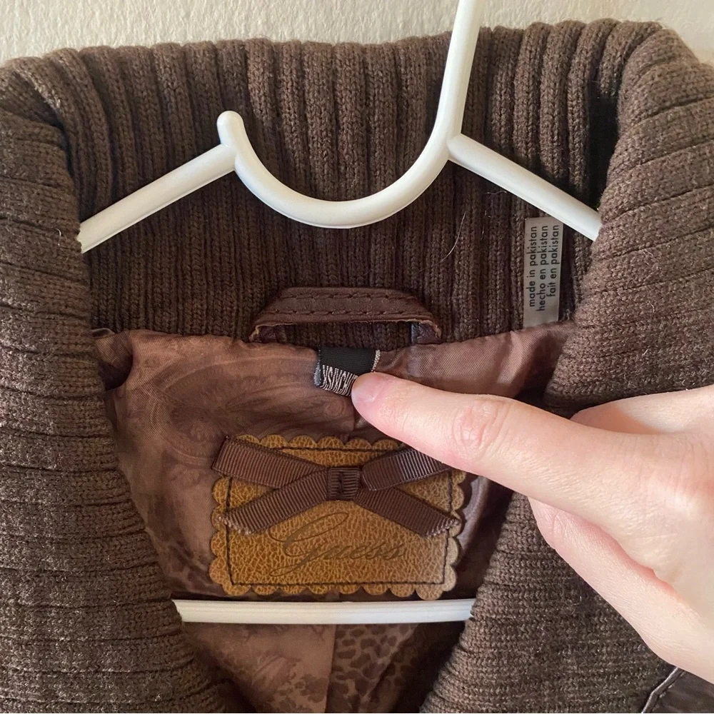 Guess Brown Leather Jacket with Fabric Collar and Gold Tone Hardware